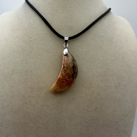 Coral Fossil Agate Crescent Moon Pendant on Satin Rope - Picture 5 of 8